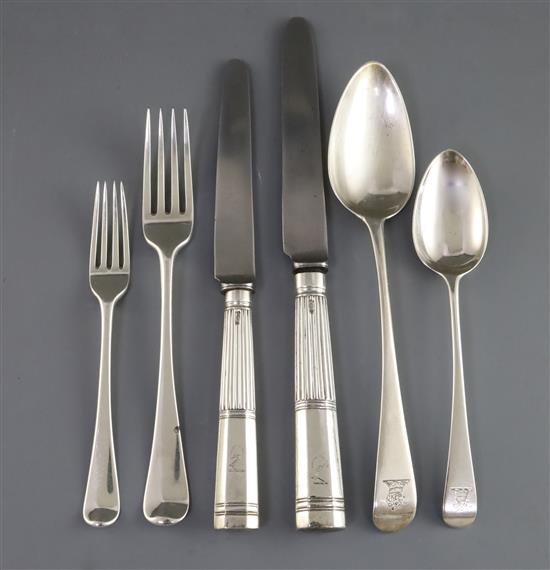 A matched part canteen of George III silver Old English pattern flatware by George Smith & William Fearn and Richard Crossley,